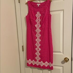 Charter Club striking pink sleeveless dress. Lovely white lace trim. Size 8.